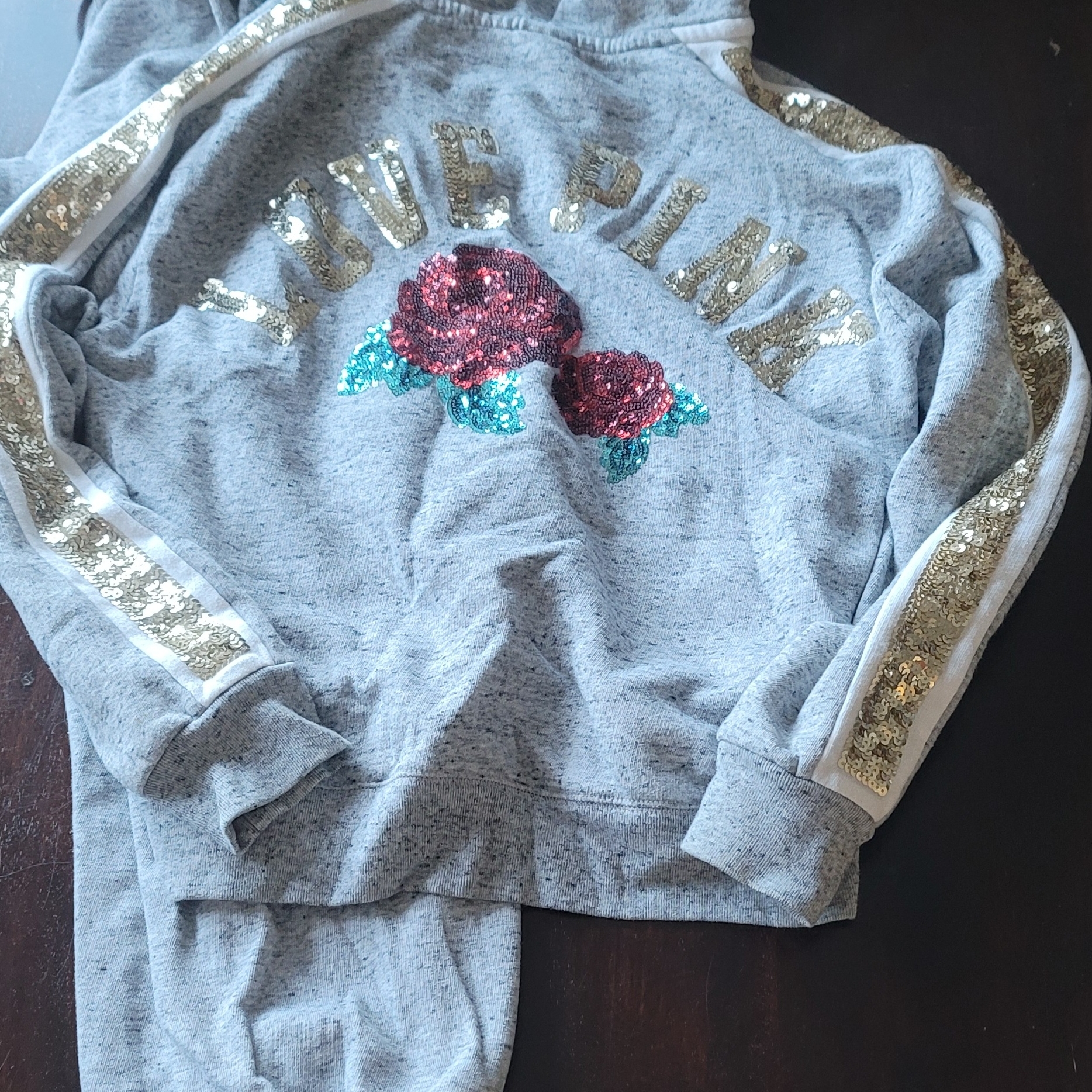 Pink Victoria's Secret Grey Hoodie With Gold Sequin Trim And Red Rose Detail